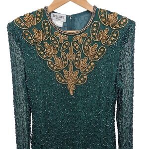 Brilliante‎ By J.A. Vintage Green Beaded Dress Long Sleeve Formal Cocktail L